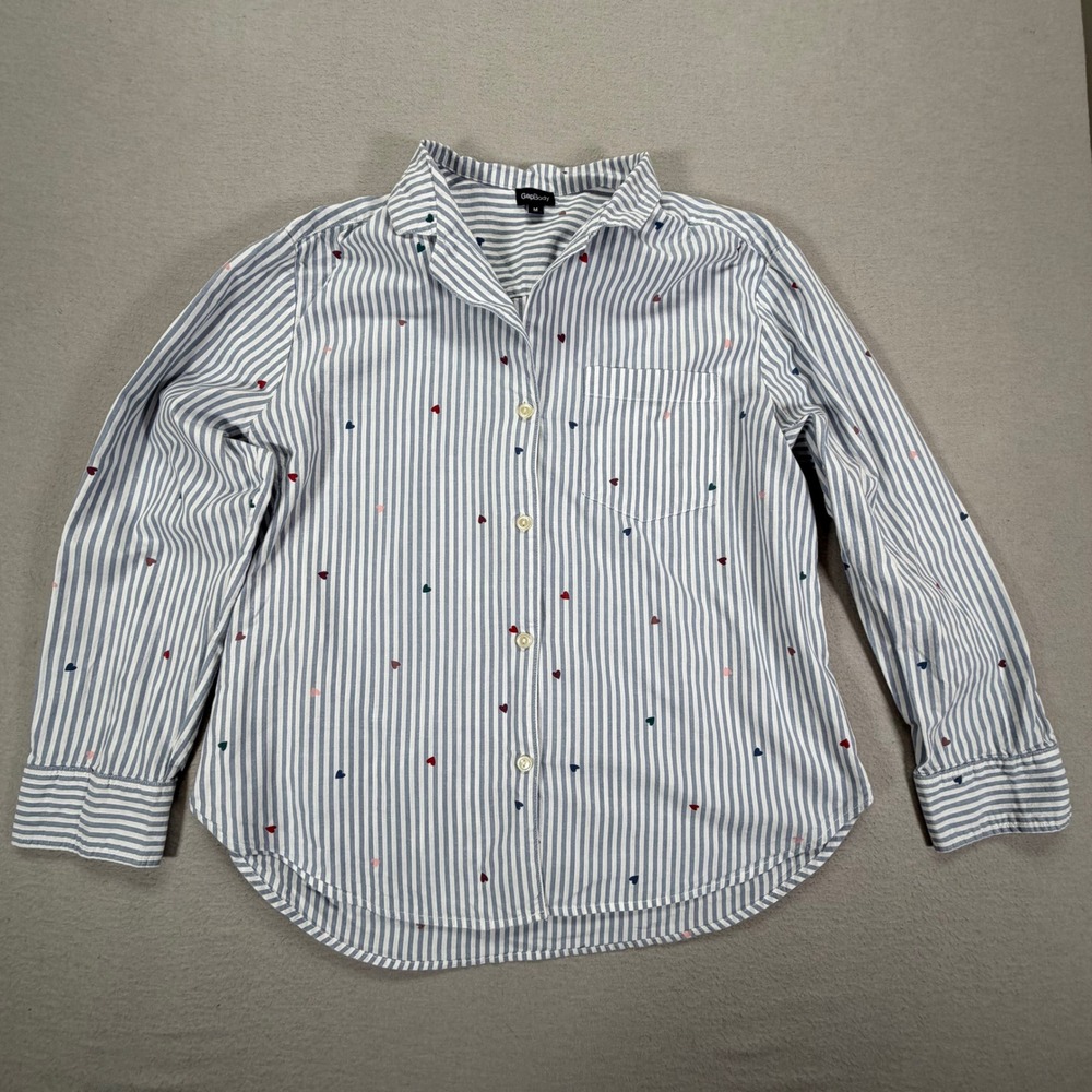 GapBody Button Down Women M Blue White Stripe Heart Print Cotton Long Sleeve